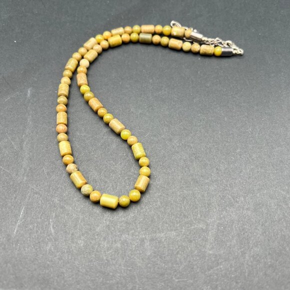 Green Stone Beaded‎ Necklace Round Tube Silver Tone - Picture 3 of 7